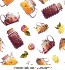 Seamless pattern with teacups, teapots, fruits, jar of tea. Tea shop, break, cafe-bar, tea lover, tea party, beverages concept. Perfect for product design, scrapbooking, textile, wrapping.