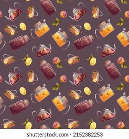 Seamless pattern with teacups, teapots, fruits, jar of tea. Tea shop, break, cafe-bar, tea lover, tea party, beverages concept. Perfect for product design, scrapbooking, textile, wrapping.
