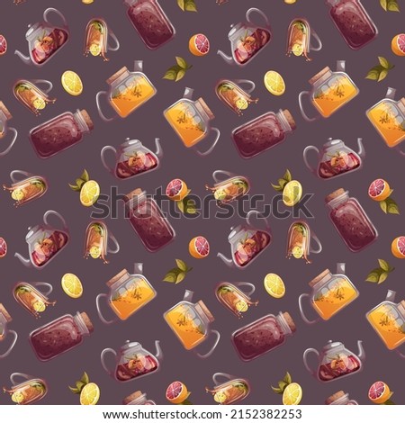 Seamless pattern with teacups, teapots, fruits, jar of tea. Tea shop, break, cafe-bar, tea lover, tea party, beverages concept. Perfect for product design, scrapbooking, textile, wrapping.