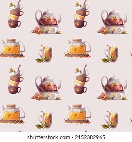 Seamless pattern with teacups, teapots, jar of tea. Tea shop, break, cafe-bar, tea lover, tea party, beverages concept. Perfect for product design, scrapbooking, textile, wrapping.