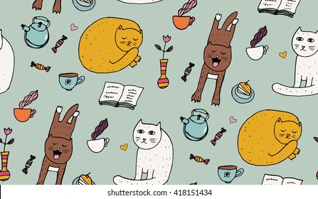 Seamless pattern with teacups,kettle, cakes, flowers, books,sweets and cats.
