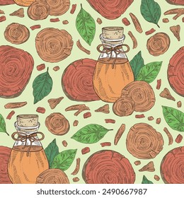 Seamless pattern with teak tree: tectona grandis plant, leaves and piece of wood teak tree and bottle of teak tree essential oil. Tectona grandis. Cosmetic, perfumery, plant. Vector hand drawn