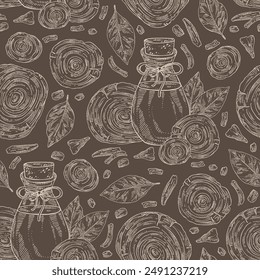 Seamless pattern with teak tree: tectona grandis plant, leaves and piece of wood teak tree and bottle of teak tree essential oil. Tectona grandis. Cosmetic, perfumery, plant. Vector hand drawn