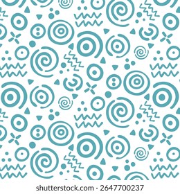 Seamless pattern of teal abstract swirls circles dots and zigzag shapes