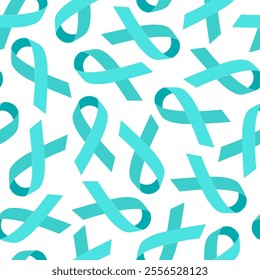 Seamless pattern with Teal Awareness ribbons. Awareness for cervical cancer, Ovarian Cancer, Polycystic Ovary Syndrome, Post Traumatic Stress Disorder, Obsessive Compulsive Disorder.