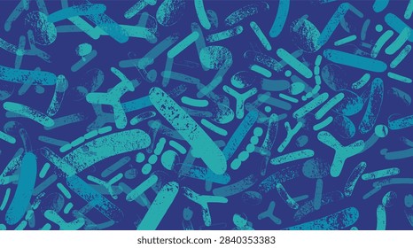 Seamless pattern with teal probiotic bacteria rods cocci and microbes with grunge texture on dark blue background, flat vector microbiology gut health