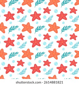 Seamless pattern of teal starfish and palm leaves. Flat design ideal for wallpapers, textiles, or marine themed projects