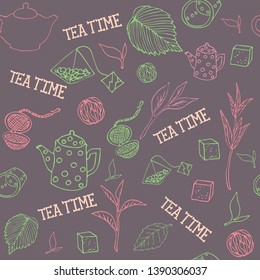 Seamless pattern with teapot, blooming tea, tea leaves, french press and sifter. Tea time theme background.