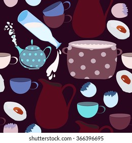 Seamless pattern with teapot, bottle of milk, cups and other kitchen stuff.