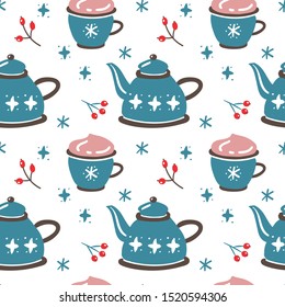 Seamless pattern with teapot and cacao cup. Vector flat illustration