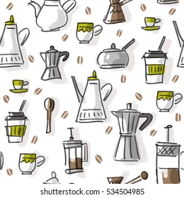 Seamless pattern with teapot, coffee pots and cups