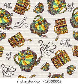 Seamless pattern with teapot and cup
