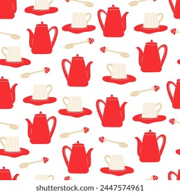 Seamless pattern with a teapot and a cup in the amanita style