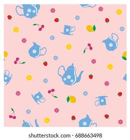 Seamless pattern teapot, cup, cherry, strawberry, lemon, flower on a pink background.Vector flat illustration .
