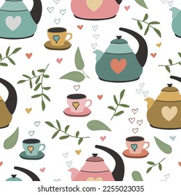 Seamless pattern with teapot and cup hand-drawn.