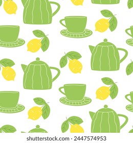 Seamless pattern with teapot, cup,  hot tea and lemon