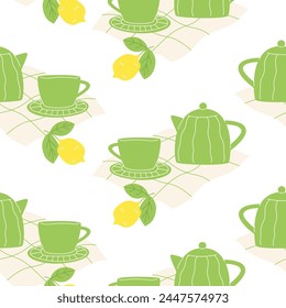 Patrón sin costuras con tetera, taza, té caliente y limón