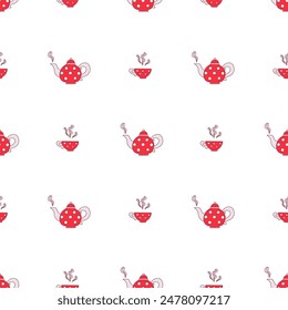 Seamless pattern with a teapot and a cup on white background.