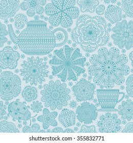 Seamless pattern with teapot, cup, saucer, muffins, floral elements and ladybug. Romantic flower background. Blue color. Botanic  texture for kitchen wallpaper. Detailed vector illustration. 
