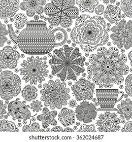 Seamless pattern with teapot, cup, saucer, muffins, floral elements and ladybug. Romantic flower background. Black and white color. Botanic  texture for kitchen wallpaper. Detailed illustration. 