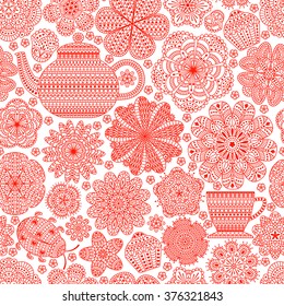 Seamless pattern with teapot, cup, saucer, muffins, floral elements and ladybug. Romantic flower background. Red color. Botanic  texture for kitchen wallpaper. Detailed vector illustration. 