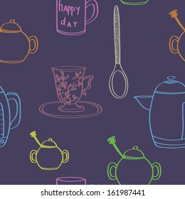 Seamless pattern with teapot, cup and spoon