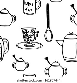 Seamless pattern with teapot, cup and spoon