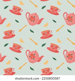 Seamless pattern with teapot, cup, spoon, tea leaves and lemon. Vector pattern in a flat view.
