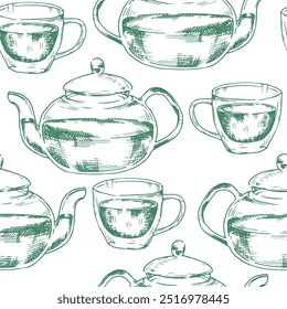 seamless pattern of a teapot with a cup of tea. illustration in sketch style