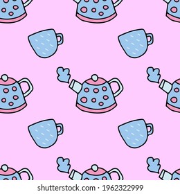 Seamless pattern with teapot and cup. Vector image of dishes.