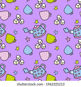 Seamless pattern with teapot and cup. Vector image of dishes.