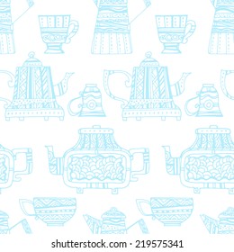 Seamless pattern with teapot and cups. Blue contour of teapots and cups on a white background.