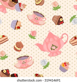 Seamless pattern with teapot, cups, cakes and roses.