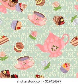 Seamless pattern with teapot, cups, cakes and roses.