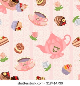 Seamless pattern with teapot, cups, cakes and roses.