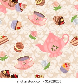 Seamless pattern with teapot, cups, cakes and roses.