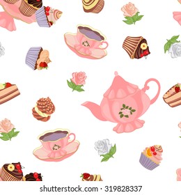 Seamless pattern with teapot, cups, cakes and roses.