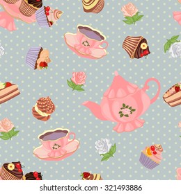 Seamless pattern with teapot, cups, cakes and roses.