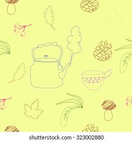Seamless pattern with teapot, cups, cones, maple leaves, oak leaves, berries, mushrooms and plants.Yellow background.