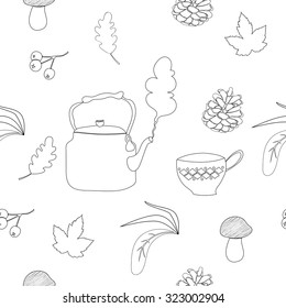 Seamless pattern with teapot, cups, cones, maple leaves, oak leaves, berries, mushrooms and plants. White background.