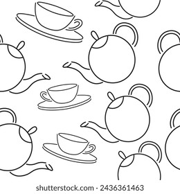 patrón sin fisuras con tetera y tazas en estilo doodle en vector. plantilla para fondo, papel pintado, envoltura, impresión, tela