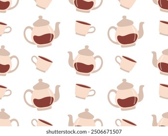 Seamless pattern with teapot and cups filled with tea. Vector illustration of tea party elements for textiles wrapping paper, background. Texture for decorating cafe, restaurant, school canteen