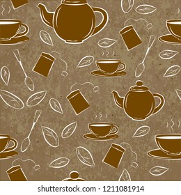 Seamless Pattern With Teapot And Cups On A Brown Background. EPS 10