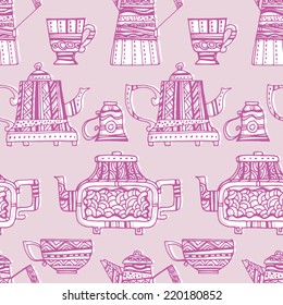 Seamless pattern with teapot and cups. Purple outline and white silhouettes of teapots and cups with ornaments on a pink background.