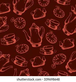 Seamless pattern with teapot and cups. Vector illustration. Good texture for your design