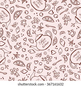 Seamless pattern with teapot and different doodle tea elements.Vector illustration.