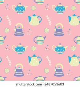 Seamless pattern with teapot, flora and cute elements. Pink background.  Perfect for kids apparel, greeting card design, fabric print, baby shower, wrapping paper design, baby prints, home textiles.