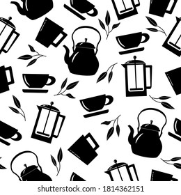 Patrón sin foco con tetera, prensa francesa y tazas. Ilustración monocroma vectorial sobre fondo blanco.