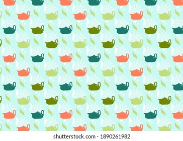 Patrón sin foco con tetera, hojas verdes. Fondo de cocina. Diseño de vectores para tela, estampado de ropa, toalla, papel textil, papel pintado, texturas superficiales, producto envasado de la reserva de té