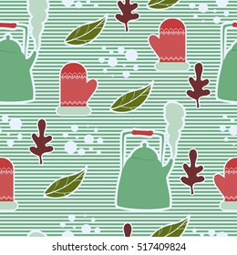 Seamless pattern with teapot, leaves, snow and mittens. Striped background. Christmas and New Year winter background.